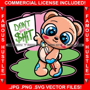 Dont Give A Sh*t Adorable Female Teddy Bear Sparkling Star Eyes Paint Brush Tattoo Cartoon Character Attitude Rebel Art Logo JPG PNG SVG Cut
