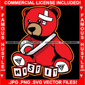 Misfit Hustle Urso de pelúcia Cicatriz Rosto Bandagem de braço quebrado Personagem de desenho animado Hip Hop Rap Rebel Danificado Beat Up Gangster Art Logo JPG PNG SVG Cut