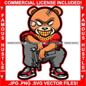 Gangster Teddy Bär Gold Zähne Halskette Maschen im Kopf Halten Machine Gun Savage Hustler Trap Plug Rap Hip Hop Logo JPG PNG SVG Cut File
