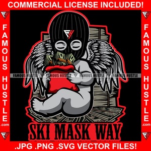 Gangster Baby Angel Ski Mask Way Money Stack Cash Bag Savage Hustle Street Hustler Grind Trap Plug Trench Rap Hip Hop Logo JPG PNG SVG Cut