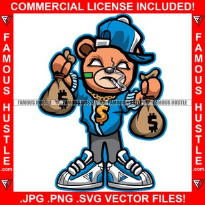 Gangster Teddybär Raucher Geldbeutel Gold Halskette Sneakers Hut Zur Seite Hustling Hustler Trap Plug Rap Hip Hop JPG PNG SVG Cut File