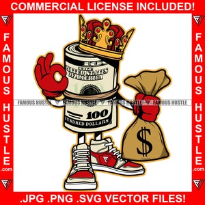 Money King Crown Cash Bag Sneakers Hustle Business Savage Street Hustler Hustling Trap Plug Gangster Rap Hip Hop Logo JPG PNG SVG Archivo de corte