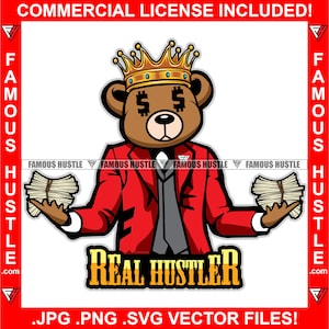 Real Hustler Gangster Teddy Bear King Dollar Sign Eyes Suit Cash Money Stacks Rich Cartoon Character Tattoo Hip Hop Rap Art Logo JPG PNG SVG