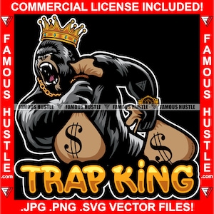 Gangster Gorilla Trap King Crown Money Bags Ape Gold Necklace Hustle Savage Plug Street Hustler Grind Mode Rap Hip Hop Logo JPG PNG SVG Cut