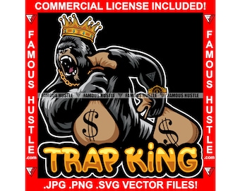 Gangster Gorilla Trap King Crown Money Bags Ape Gold Necklace Hustle Savage Plug Street Hustler Grind Mode Rap Hip Hop Logo JPG PNG SVG Cut