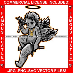 Demon Angel Statue Wings Halo Gold Necklace Machine Guns Tattoo Trap Trapper Hustling Hustler Gangster Thug Art Logo JPG PNG SVG Cut File