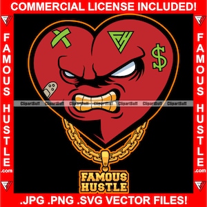 Hustle Gangster Heart Evil Grin Gold Teeth Necklace Money Dollar Sign Face Tattoo Hustler Hustling Trapper Heartless Logo JPG PNG SVG Cut