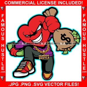 Hustle Gangster Heart Holding Geldstapel Geldbeutel Gold Kette Street Thug Hip Hop Rap Trap Mafia Mob Ghetto Street Art Logo JPG PNG SVG Cut