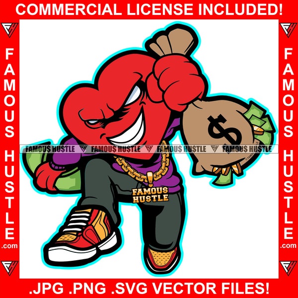 Hustle Gangster Heart Holding Money Stack Cash Bag Gold Chain Street Thug Hip Hop Rap Trap Mafia Mob Ghetto Street Art Logo JPG PNG SVG Cut