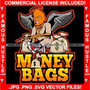 Sacos de dinheiro Gangster Bebê Máscara de esqui Asas de anjo Metralhadora Cash Thug Hustle Street Trap Personagem de desenho animado Tatuagem Citação Logotipo JPG PNG SVG Cut