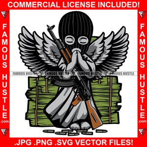 Gangster Engel Flügel Tragen Ski Maske Betende Machine Gun Bullets Cash Money Stacks Hustle Hustler Trap Plug Hip Hop JPG PNG SVG Cut