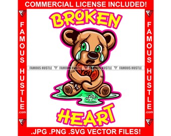 Broken Heart Female Crying Tear Puddle Sad Teddy Bear Tears Red Heart Heartless No Love Relationship Tattoo Quote Logo Art JPG PNG SVG Cut