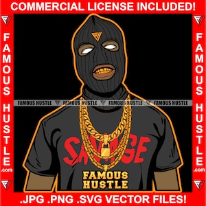 Gángster salvaje con máscara de esquí Collar de oro Cadenas Dientes de oro Grill Grill Gang Member Hustler Rap Hip Hop Trap Plug Thug Art JPG PNG SVG
