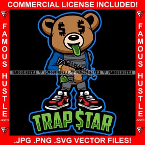 Trap Star Gangster Teddybär Geld grün Zunge aus Bullet Proof Weste Machine Gun Hip Hop Rap Hustle Trap Plug Gang Mitglied JPG PNG SVG Cut