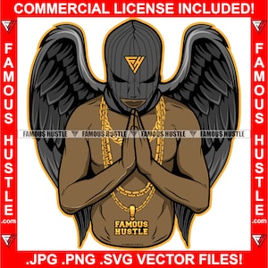 Gangster Angel Wings Usando Ski Mask And Gold Necklace Chains Orando Pandillero Hustler Rap Hip Hop Trap Plug Art Logo JPG PNG SVG
