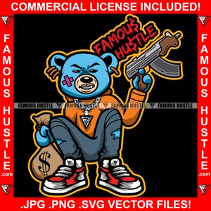 Berühmte Hustle Gangster Teddybär Diamant Zähne Halskette Machine Gun Money Bag Hustler Trap Rap Hip Hop Ghetto Kapuze Plug Art JPG PNG SVG Cut