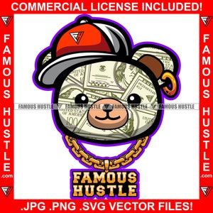 Famous Hustle Teddy Bear Hip Hop Hat Cap Made Of Cash Money Plug Trap Hood Thug Gang Street Mob Ghetto Cartoon Character Art JPG PNG SVG Cut