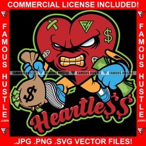 Heartless Gangster Coração Personagem Rosto Tatuagem Saco de Dinheiro Cash Hustle Hustler Rap Hip Hop Trap Plug No Heart Ghetto Hood Art Logo JPG PNG SVG