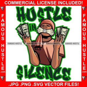 Hustle In Silence Gangster Rapper Eating Cash Stack Geld in Händen tragen Bandanna Hip Hop Rap Trap Plug Kapuze Hustling JPG PNG SVG Cut File
