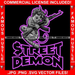 Street Demon Gangster Devil Wings Statue Tattoos Ak-47 Machine Gun Hustle Thug Rap Hip Hop Kapuze Ghetto Gang Mitglied Trap Plug Art JPG PNG SVG