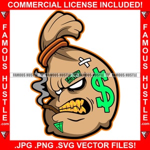 Gangster Money Bag Cash Mean Face Gold Teeth Dollar Sign Tattoo Smoking Rapper Plug Hood Ghetto Hustler Hustling Logo Art JPG PNG SVG Cut