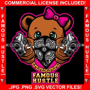 Süßer weiblicher Gangster Teddybär Bandanna Gun Bow Hip Hop Cap Hut Rap Girl Famous Hustle Gold Kette Lady Woman Art Trap Plug JPG PNG SVG Cut