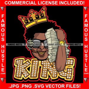 Rich Gangster Rapper King Krone Riesiger Geldstapel Rauchen Zigarren Blunt Gold Zähne Sprechen Cash Hustler Hustling Logo JPG PNG SVG Cut