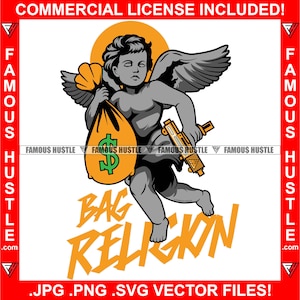 Borsa Religione Gangster Angelo Statua Ali Holding Money Bag Mitragliatrice Hustling Hustle Quote Hustler Plug Rap Hip Hop Logo JPG PNG SVG Cut