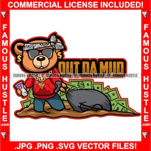 Out Da Mud Gangster Teddybär Bandanna Pulling Cash Geldbeutel Trinken Lean Lila Trinken Hip Hop Rap Rapper Trap Plug Kapuze Art JPG PNG SVG