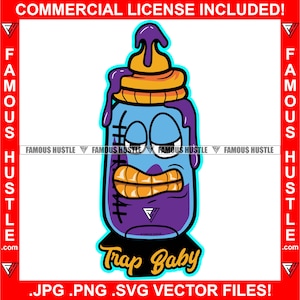 Trap Baby Flasche Lila Mager Tropfen Gold Zähne Cartoon Charakter Gangster Tattoo Hip Hop Rap Rapper Plug Street Kapuze Zitat Art JPG PNG SVG