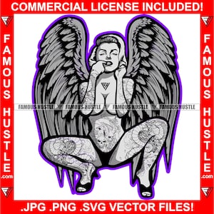 Super Sexy Mulher Foda Asas de Anjo Tatuagem Calcinha Salto Alto Moda Hustle Lady Bad Girl Hustler Feminino Pinup Pin Up Modelo Arte Jpg PNG SVG