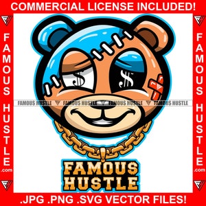 Cute Hustle TeddyBeer Gezicht Sleepy Dollar Teken Ogen Steken Hoofd Gestikt Horror Gouden Ketting Tattoo Hip Hop Rap Logo JPG PNG SVG Cut File