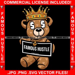 Gangster Teddybär King Dollar Schild Augen Gold Halskette Polizei Mugshot Lineup Famous Hustle Grind Hustler Trap Rap Hip Hop Art JPG PNG SVG