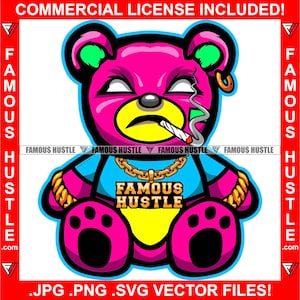 Famous Hustle Bad Boy Teddy Smoking Gold Chain Tattoo Hip Hop Rap Hustler Boss Drip Swag Plug Trap Hood Rich Thug Neon Color Art JPG PNG SVG