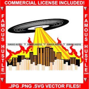 Vinyl Record UFO Attacking City Music DJ Setting Building Fire Vintage Retro Album Disc Jockey Hustle Rap Hip Hop Retro Art Logo Jpg Png SVG