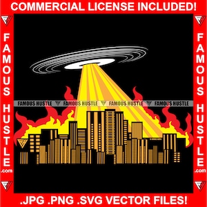 Disco de vinil UFO atacando cidade música DJ edifício fogo álbum retrô vintage disc jockey hustle rap hip hop retrô gueto arte logotipo jpg png svg