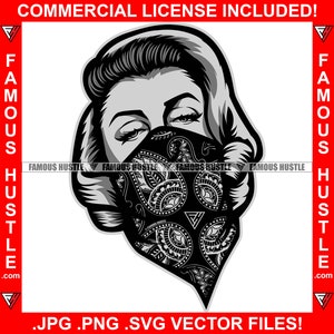 Pretty Gangster Woman Paisley Bandanna Face Mask Designer Fashion Trendy Style Lady Bad Girl Rap Hip Hop Female Gangsta Model JPG PNG SVG