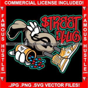 Pill Bottle Cartoon Character Street Drug Dealer Gangster Passed Out Cash Money Bag Trap Plug Hood Thug Gang Street Art Logo JPG PNG SVG Cut