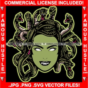 Medusa Cara Griega Cabeza Mitología Serpiente Cabello Tatuaje Diosa Monstruo Mujer Veneno Dama Dientes Colmillos Chica Mala Arte Femenino JPG PNG SVG Archivo de Corte