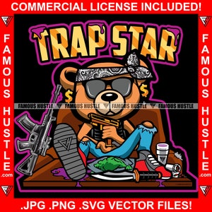 Trap Star Beroemde Hustle Gangster Teddybeer Gouden Ketting Machine Gun Paars Drinken Lean Cup Rap Hip Hop Plug House Quote Art JPG PNG SVG Cut