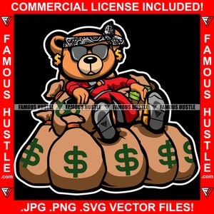 Gangster Teddy Bear Bandanna Bere Birra Money Bags Cash Stack Hustler Rap Hip Hop Trap Plug Rich Ghetto Hood Art JPG PNG SVG Cut