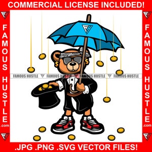 Gangster Teddy Bär Trägt Tuxedo Bandanna Regenschirm Geld Regen runter Cash Hustler Rap Hip Hop Trap Plug Boss Art Logo JPG PNG SVG