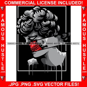 Angel Statue Split In Half Red Skull Teeth Dripping Retro Vintage Drip Tattoo Hustler Hustling Hustle Hip Hop Rap Logo Art JPG PNG SVG Cut