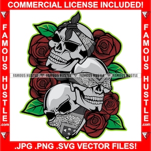 Hear See Speak No Evil Drei Totenkopf Rot Rosen Bandanna Abdeckung Ohren Mund Gangster Tattoo Hip Hop Rap Skelett Art Logo JPG PNG SVG Cut