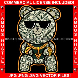 Hustle Teddybär Gold Halskette Kette Schmuck Geld Geld Gangster Sonnenbrille Rich Hustler Rapper Rap Hip Hop Kapuze Ghetto Art JPG PNG SVG Cut