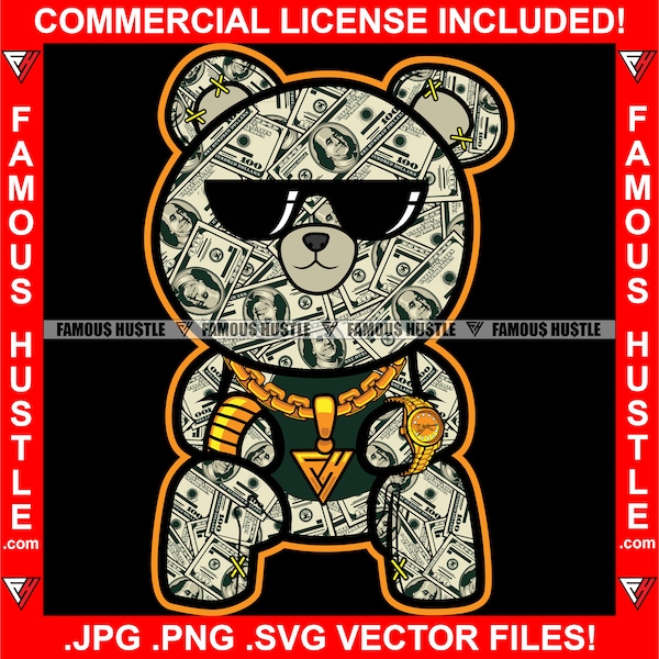 Hustle Teddy Bear Gold Necklace Chain Jewelry Cash Money Gangster Sunglasses Rich Hustler Rapper Rap Hip Hop Hood Ghetto Art JPG PNG SVG Cut