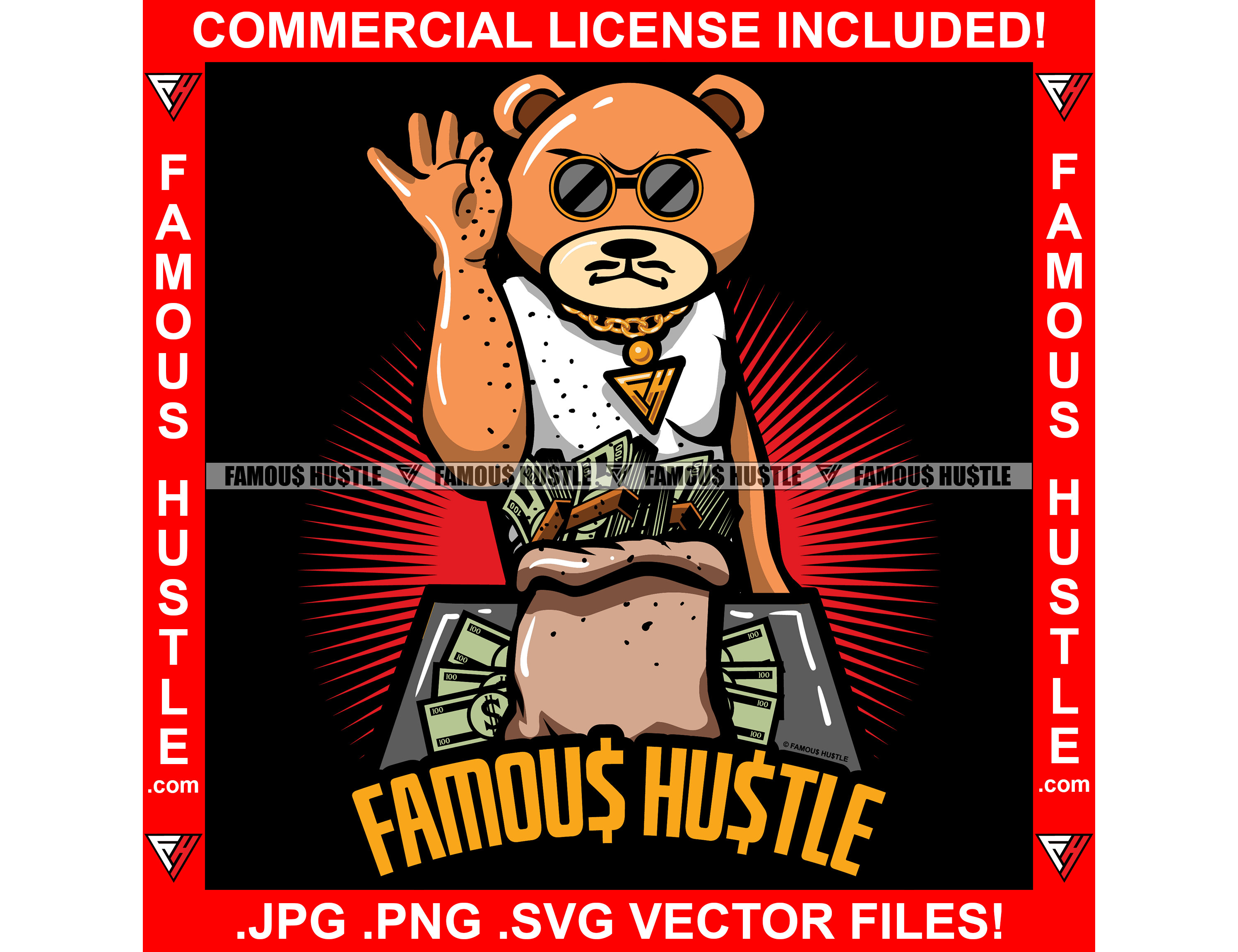 Famous Hustle Teddy Bear Baseball Cap Gold Chain Necklace Cash Money Bags Hip Hop Rap Trap Plug Hood Hustler Hustling Art JPG PNG SVG Cut