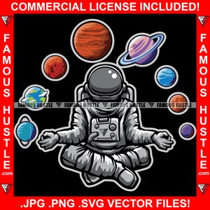 Famoso ajetreo astronauta astronauta astronauta sentado yoga posición planetas alrededor del tatuaje Ciencia Ilustración Salud Concepto Arte Jpg PNG SVG Archivo de corte