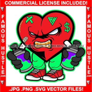 Gangster Herz Gold Zähne Spray Paint Can Graffiti Street Artist Hustle Money Thug Tattoo Hip Hop Rap Logo Neon Farben Art JPG PNG SVG Cut