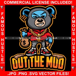 Out The Mud Gangster Teddy Bear Ski Mask Money Bag Gotpping Gold Necklace Drip Hip Hop Rap Street Hustler Hustling Trap Plug Art JPG PNG SVG imagen 2